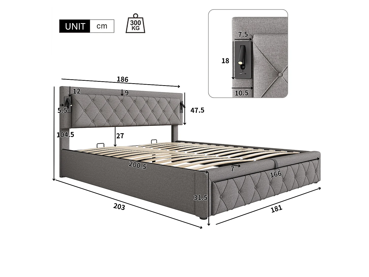 Lit coffre 180x200cm en tissu lin - avec liseuse et prise USB - avec sommier à lattes - Gris