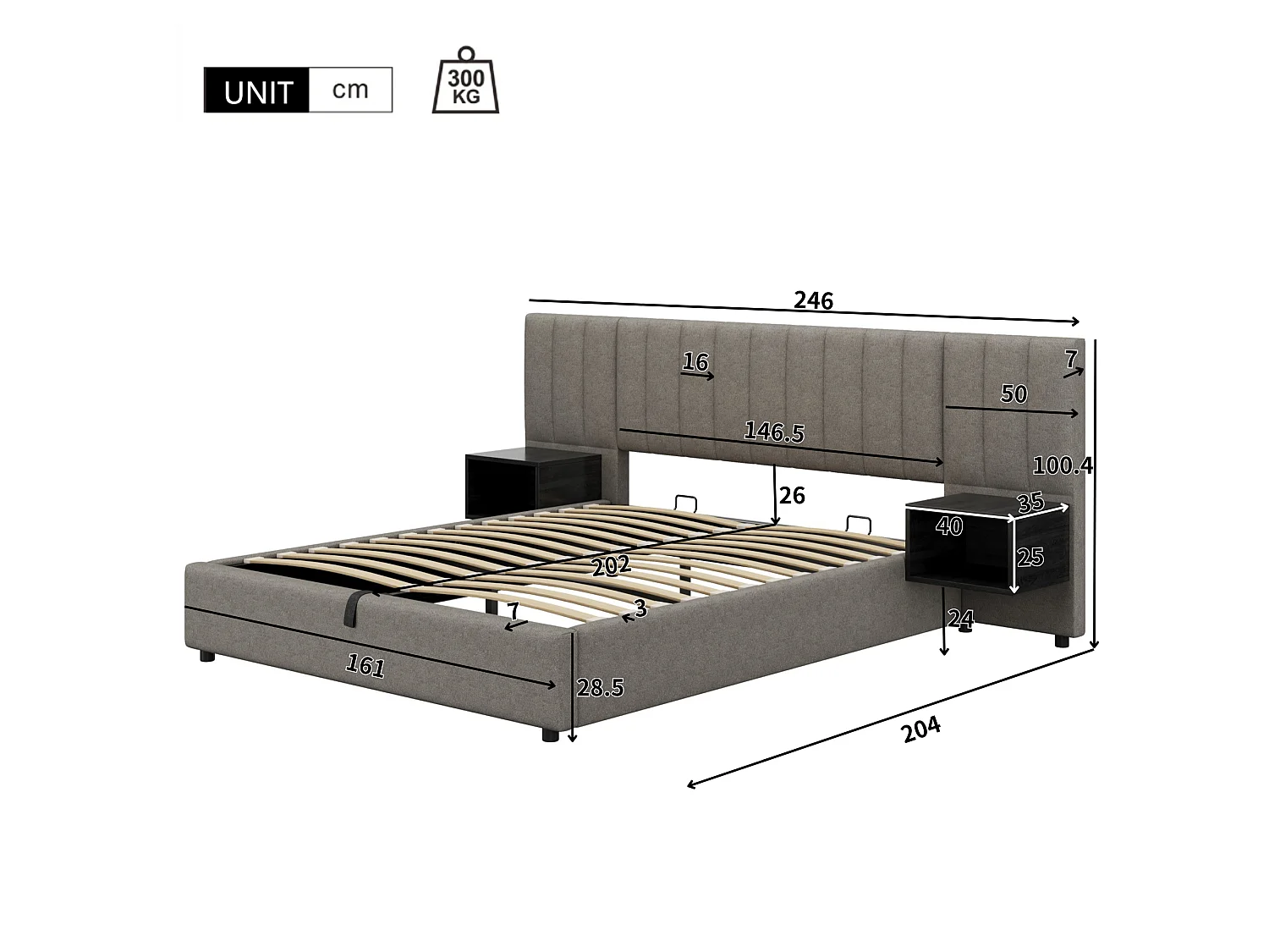 Lit coffre 160x200cm en tissu lin - avec 2 tables de chavet et sommier à lattes - Gris