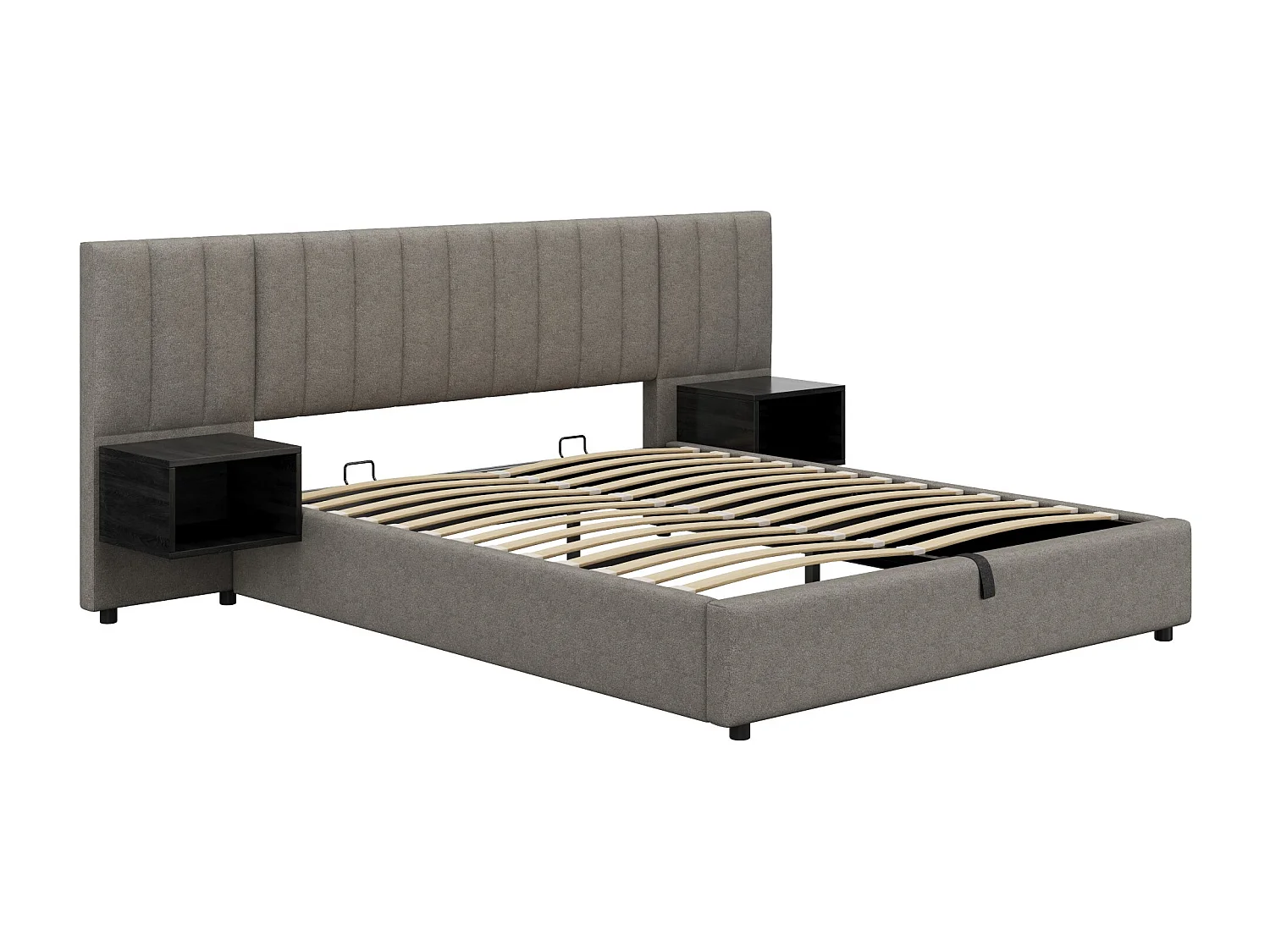Lit coffre 160x200cm en tissu lin - avec 2 tables de chavet et sommier à lattes - Gris