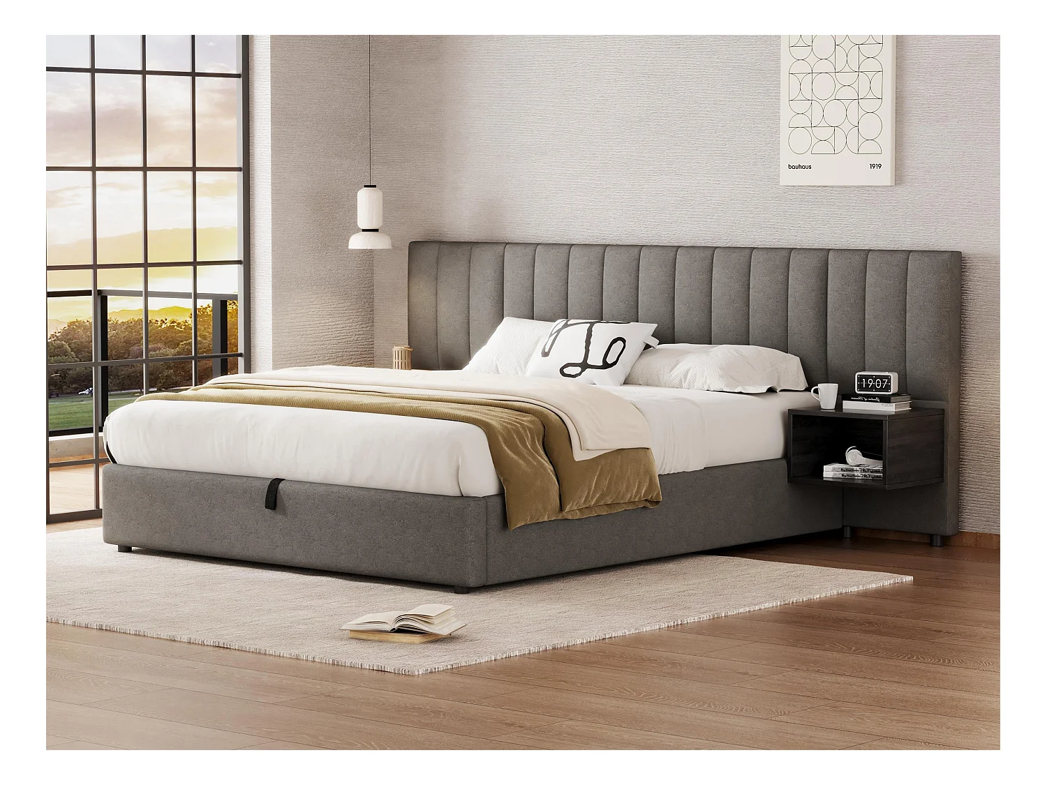 Letto contenitore 160x200 cm in tessuto di lino - con 2 comodini e rete a doghe - Grigio