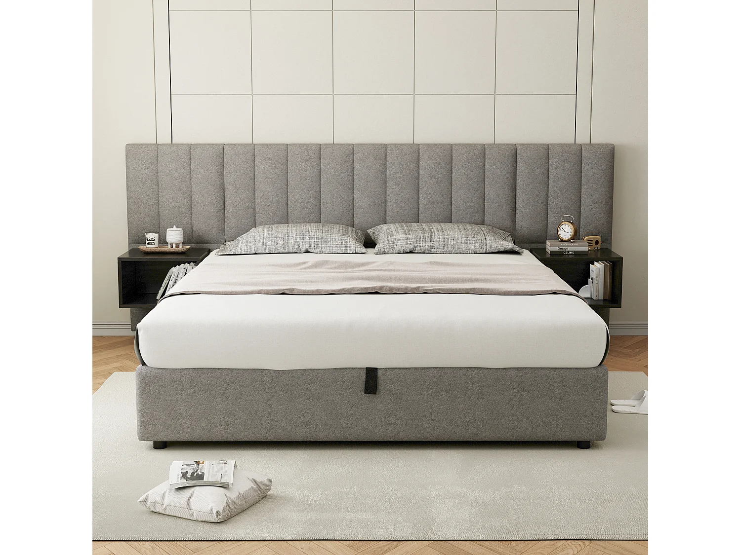 Opbergbed 160x200cm in linnenstof - met 2 nachtkastjes en lattenbodem - Grijs