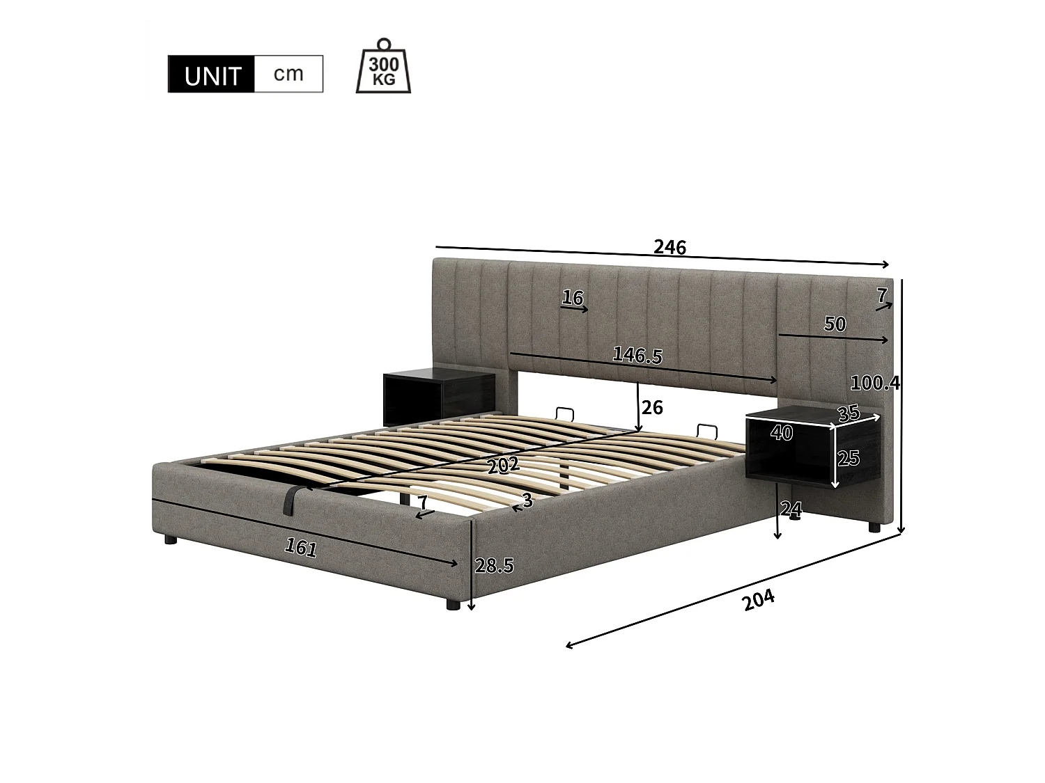 Lit coffre 160x200cm en tissu lin - avec 2 tables de chavet et sommier à lattes - Gris