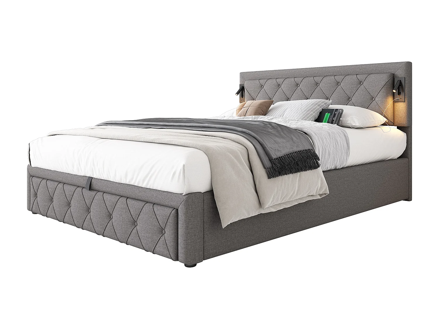 Opbergbed 160x200cm in linnenstof - met leeslampje en USB-aansluiting - met lattenbodem - Grijs