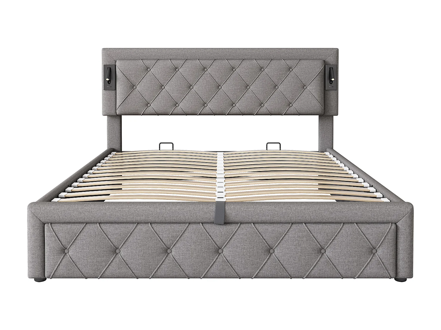 Opbergbed 160x200cm in linnenstof - met leeslampje en USB-aansluiting - met lattenbodem - Grijs