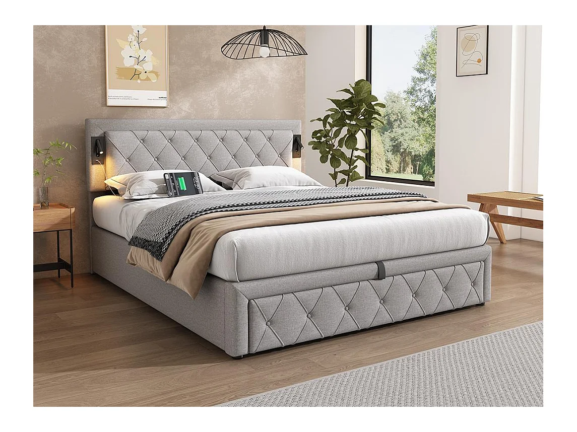 Lit coffre 160x200cm en tissu lin - avec liseuse et prise USB - avec sommier à lattes - Gris
