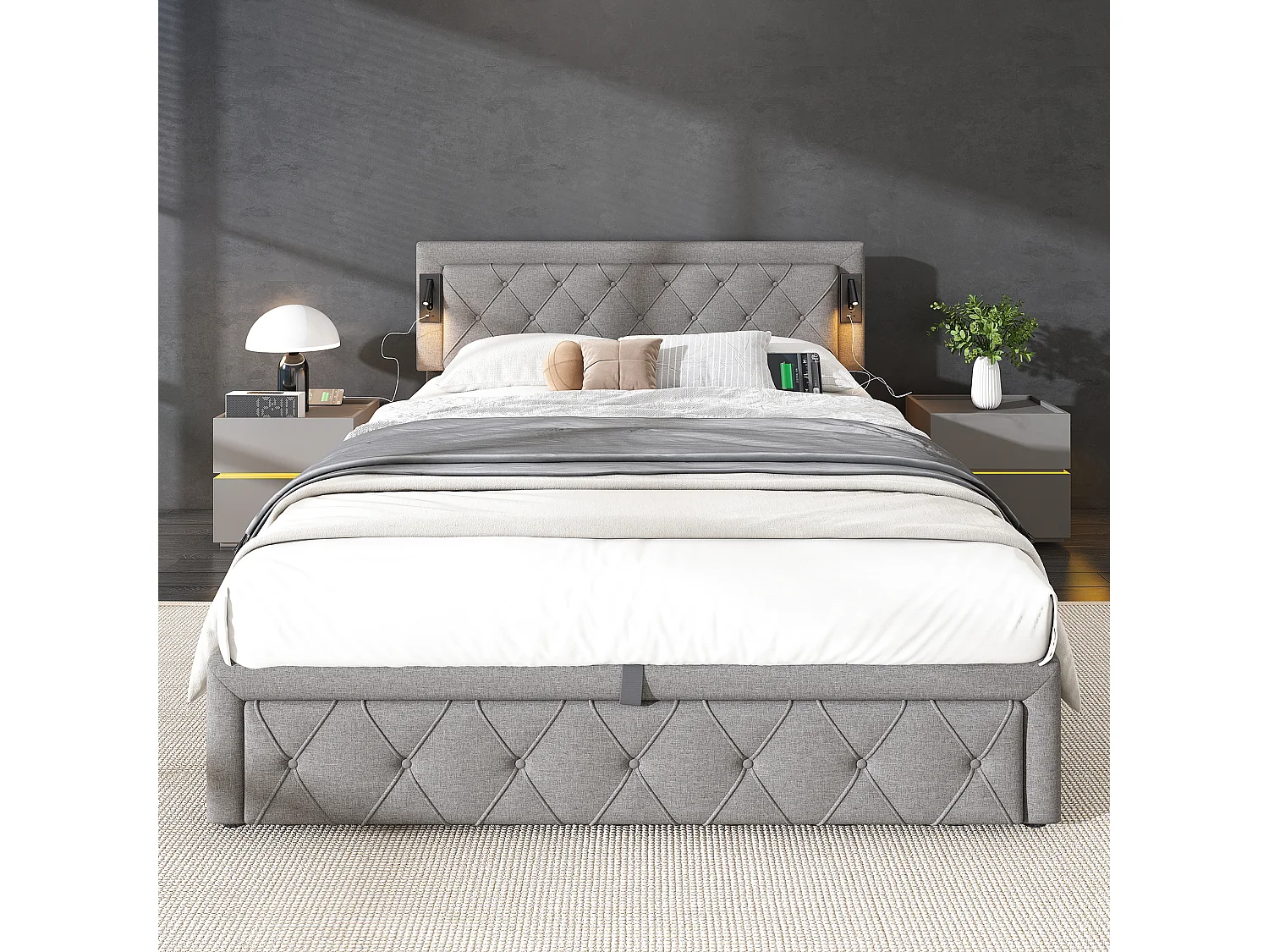 Lit coffre 160x200cm en tissu lin - avec liseuse et prise USB - avec sommier à lattes - Gris