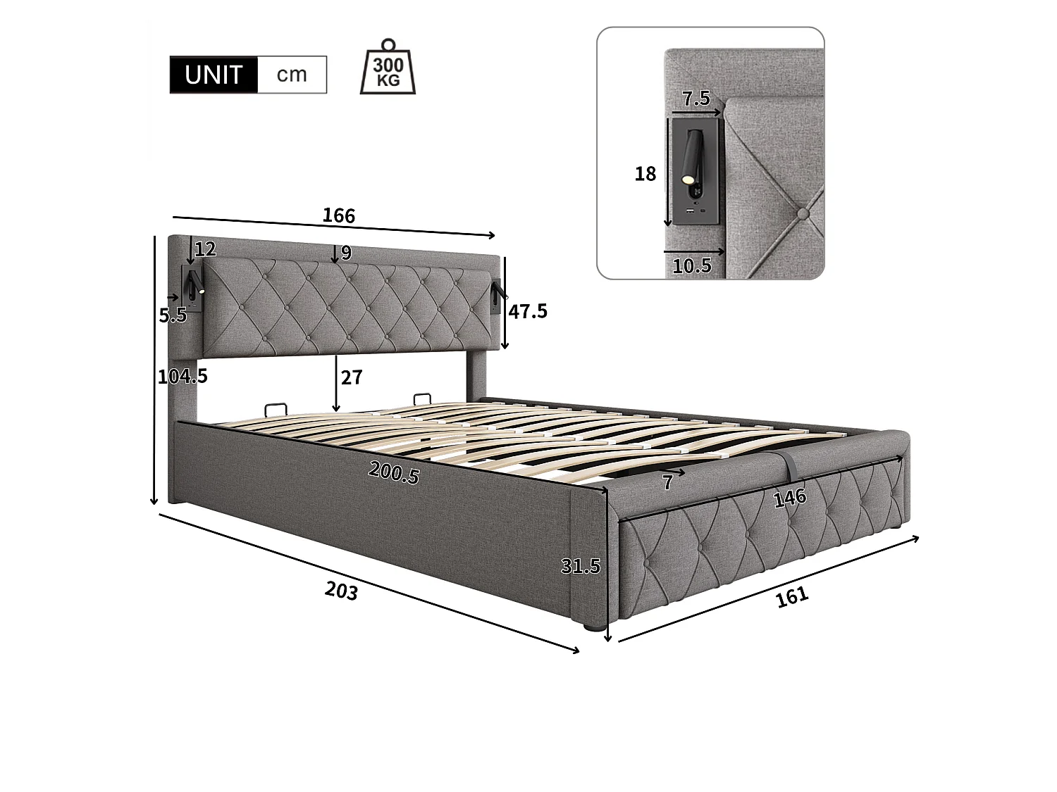 Lit coffre 160x200cm en tissu lin - avec liseuse et prise USB - avec sommier à lattes - Gris