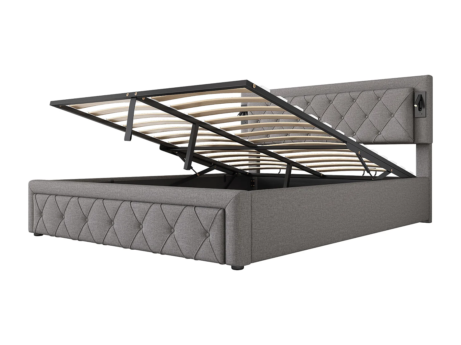 Lit coffre 160x200cm en tissu lin - avec liseuse et prise USB - avec sommier à lattes - Gris