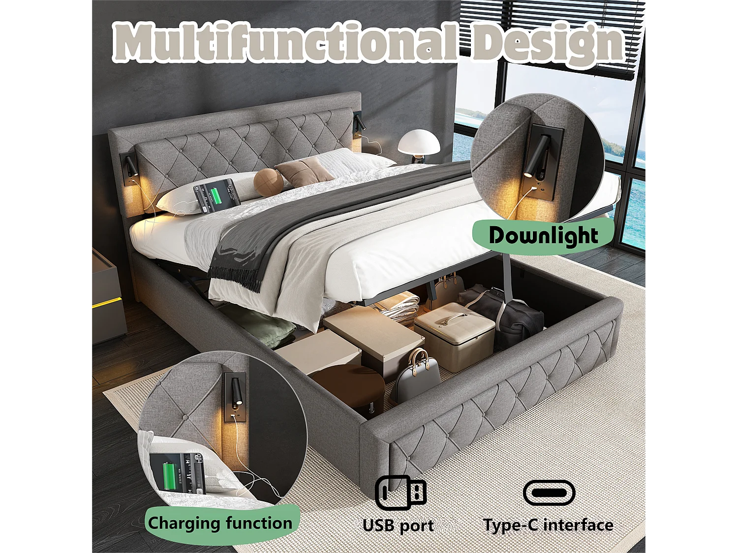 Lit coffre 160x200cm en tissu lin - avec liseuse et prise USB - avec sommier à lattes - Gris