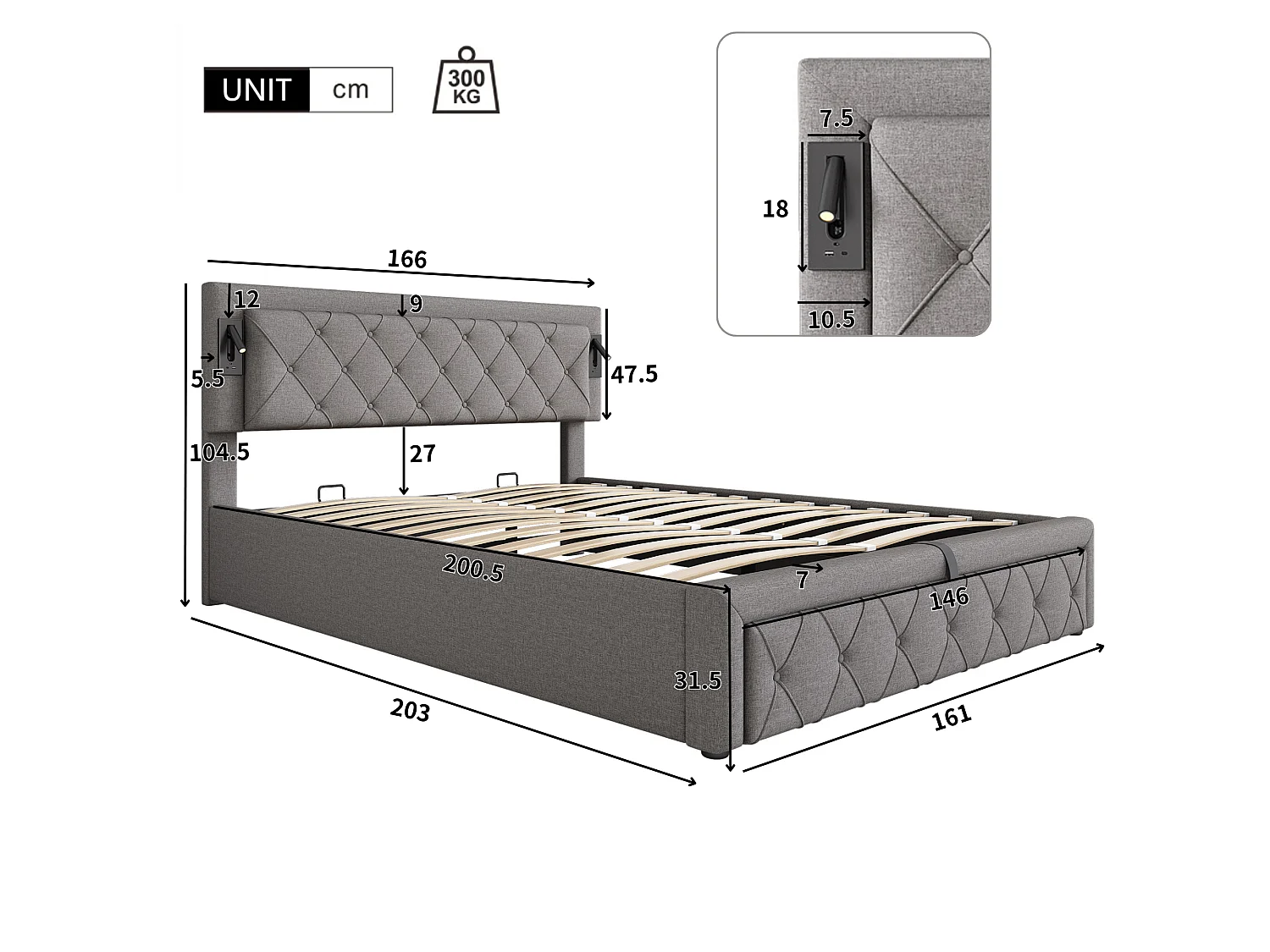 Lit coffre 160x200cm en tissu lin - avec liseuse et prise USB - avec sommier à lattes - Gris