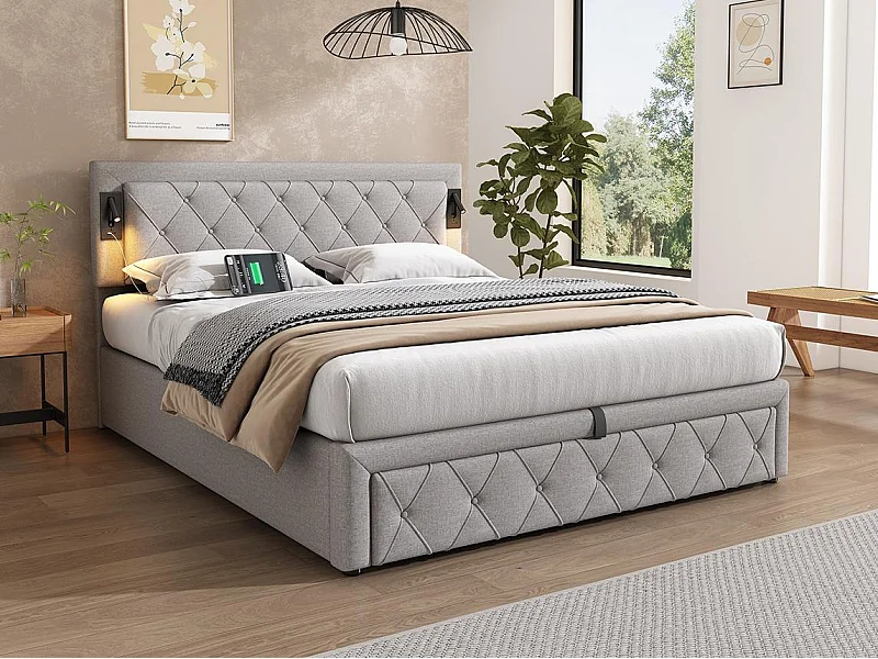 Lit coffre 160x200cm en tissu lin - avec liseuse et prise USB - avec sommier à lattes - Gris