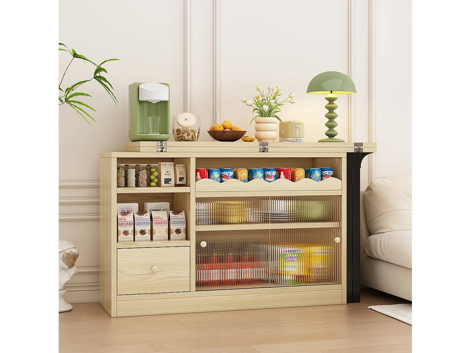 Meuble de bar、Buffet avec table pliante escamotable - grand espace de rangement - Naturel & Noir