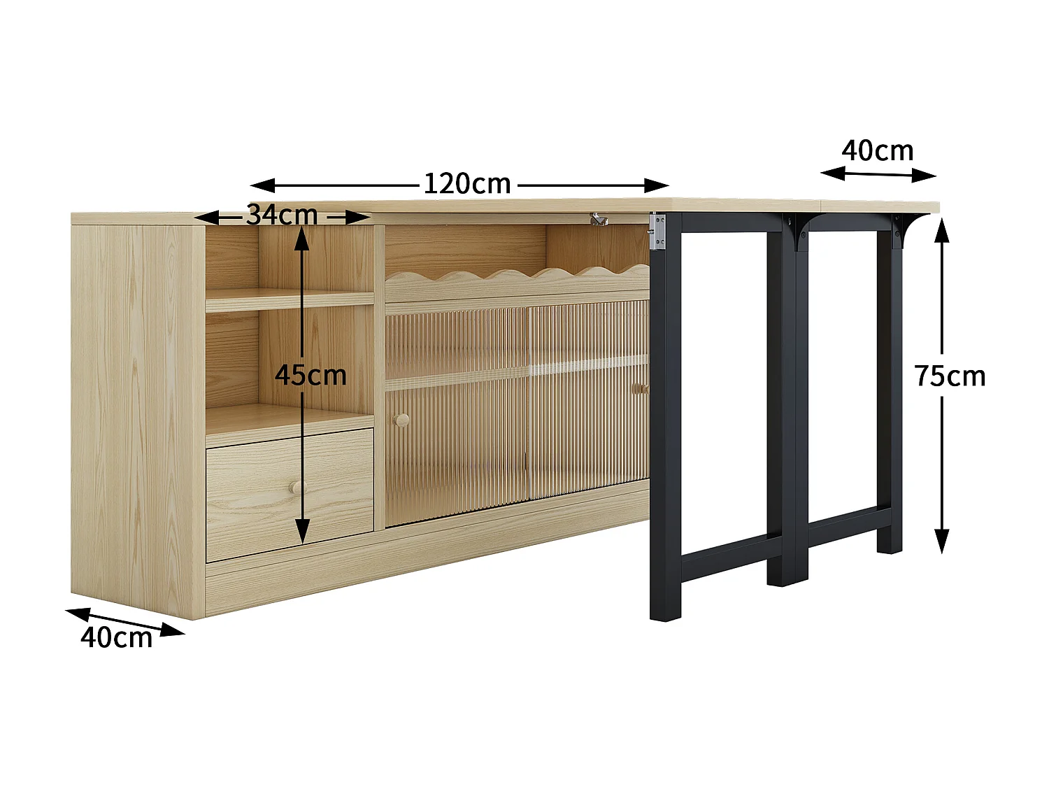 Meuble de bar、Buffet avec table pliante escamotable - grand espace de rangement - Naturel & Noir