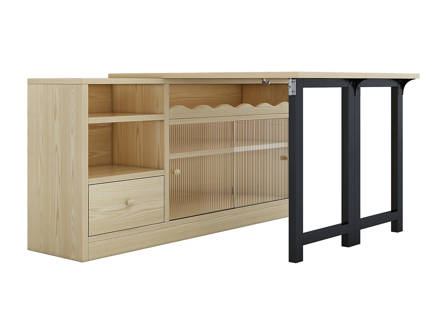 Meuble de bar、Buffet avec table pliante escamotable - grand espace de rangement - Naturel & Noir