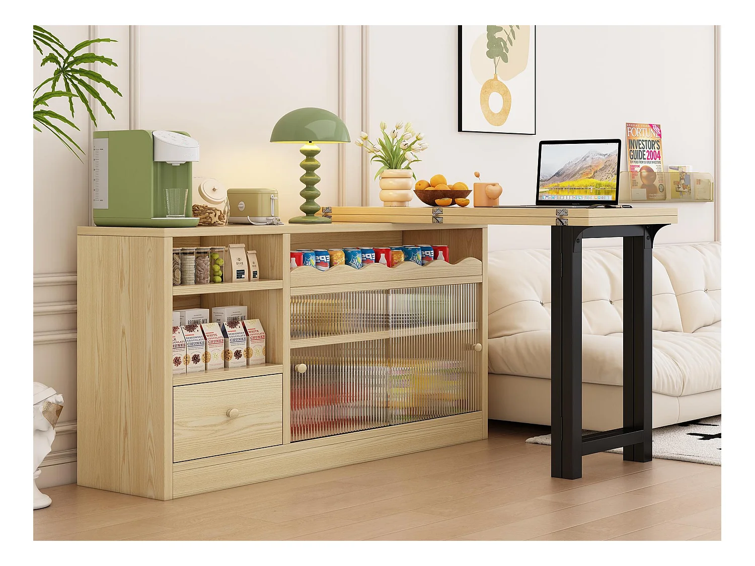 Meuble de bar、Buffet avec table pliante escamotable - grand espace de rangement - Naturel & Noir