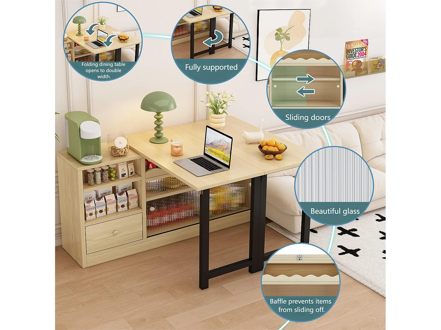 Barmöbel、Buffet mit ausziehbarem Klapptisch – großer Stauraum – Natur & Schwarz