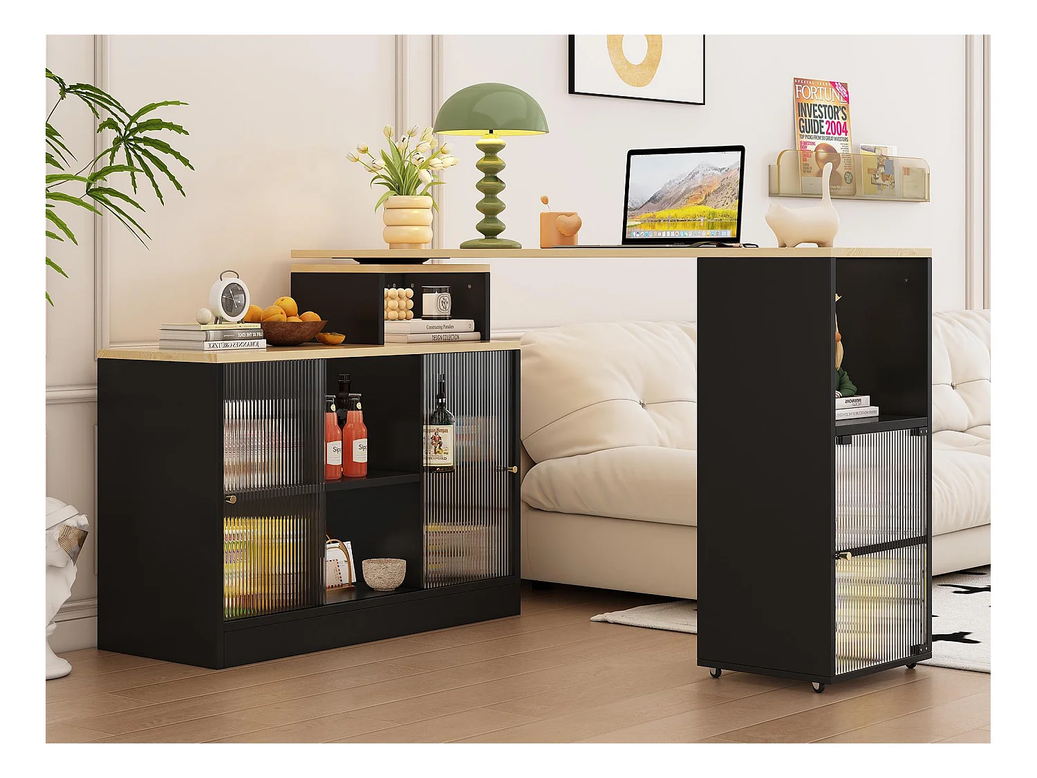 Meuble de bar pivotant et escamotable、Buffet multifonctionnel - grand espace de rangement - Noir