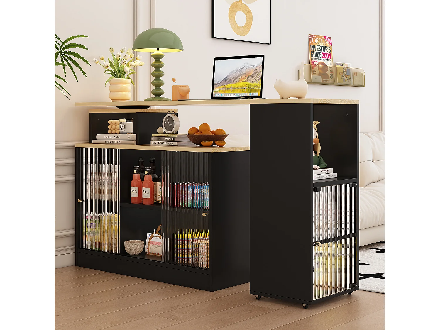 Meuble de bar pivotant et escamotable、Buffet multifonctionnel - grand espace de rangement - Noir