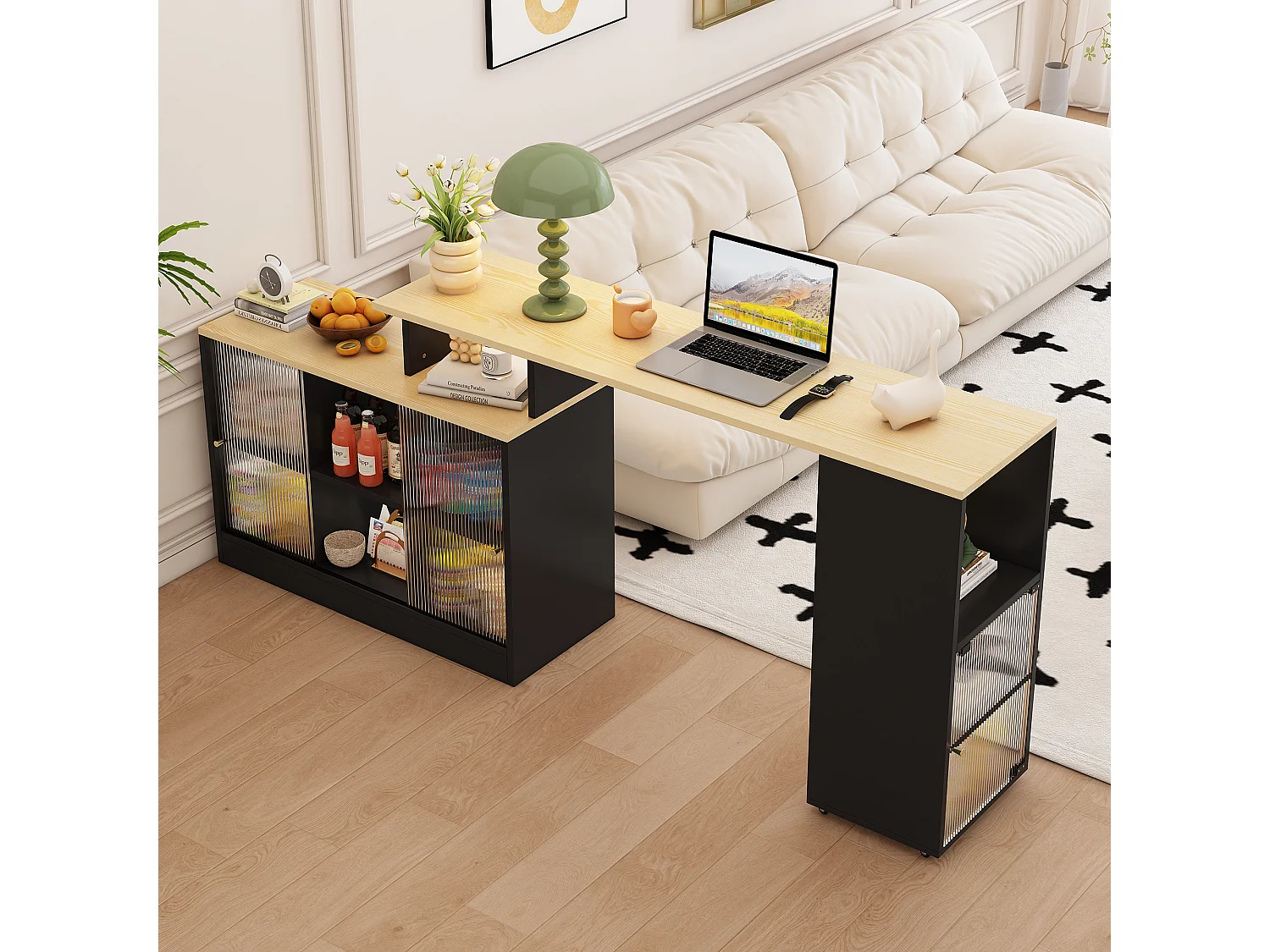 Meuble de bar pivotant et escamotable、Buffet multifonctionnel - grand espace de rangement - Noir