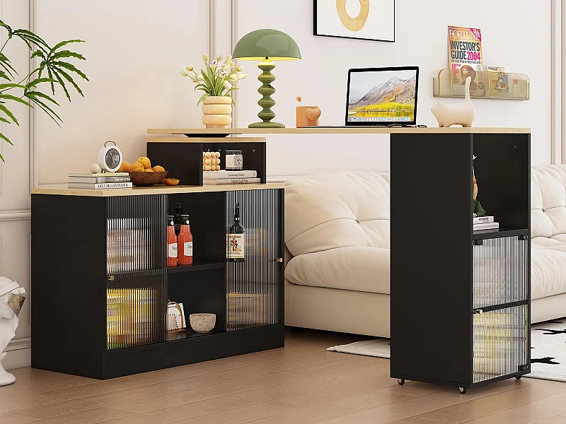 Drehbarer und ausziehbarer Barschrank, multifunktionales Sideboard – großer Stauraum – Schwarz