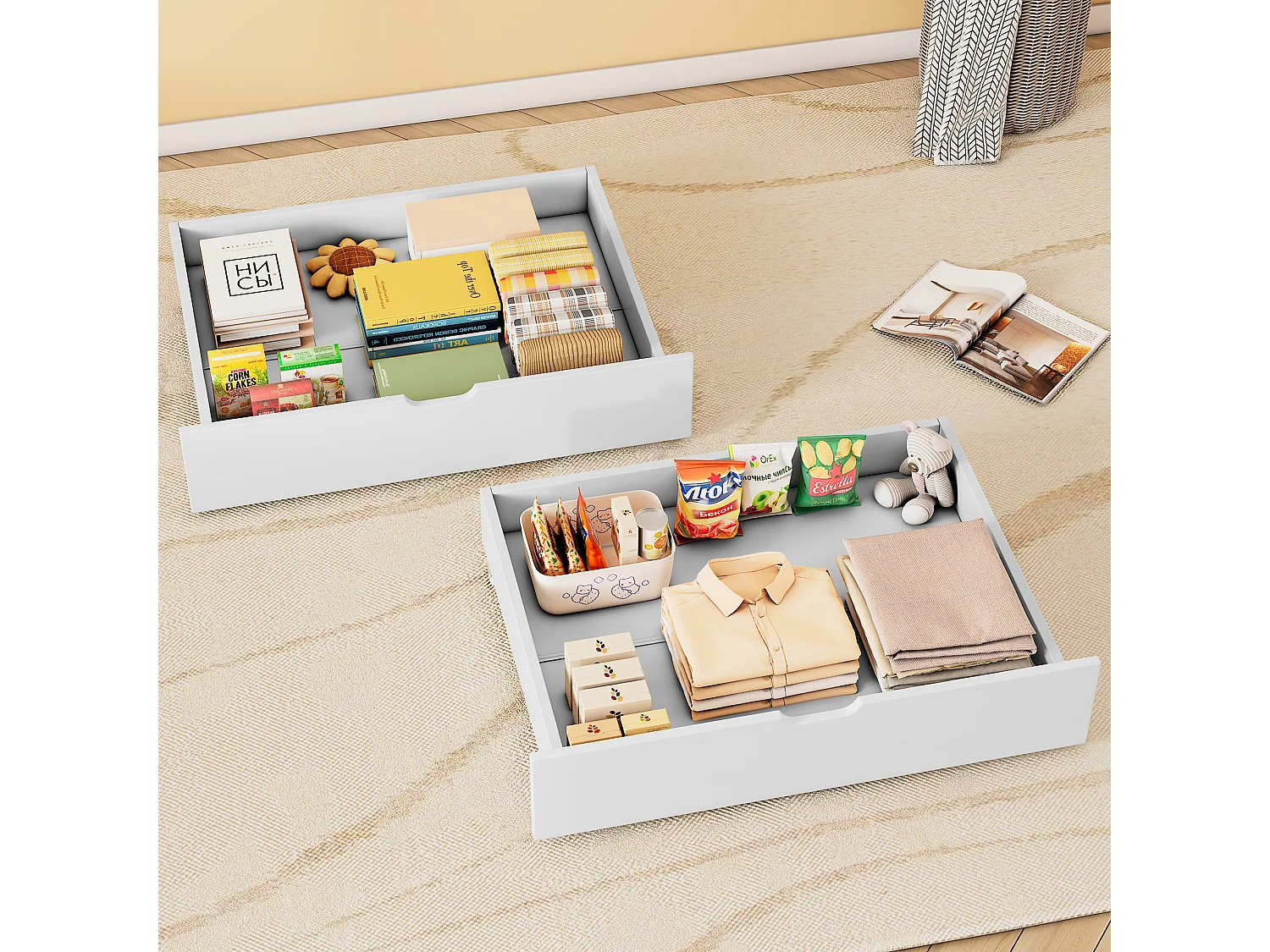 Twee lades, opbergruimte onder het bed, MDF + vloerwielen, wit (93x67x20cm) (alleen lades)