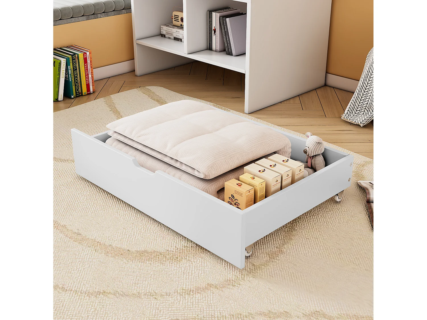 Deux tiroirs, espace de rangement sous le lit, MDF + roulettes au sol, blanc (93x67x20cm) （tiroirs uniquement）