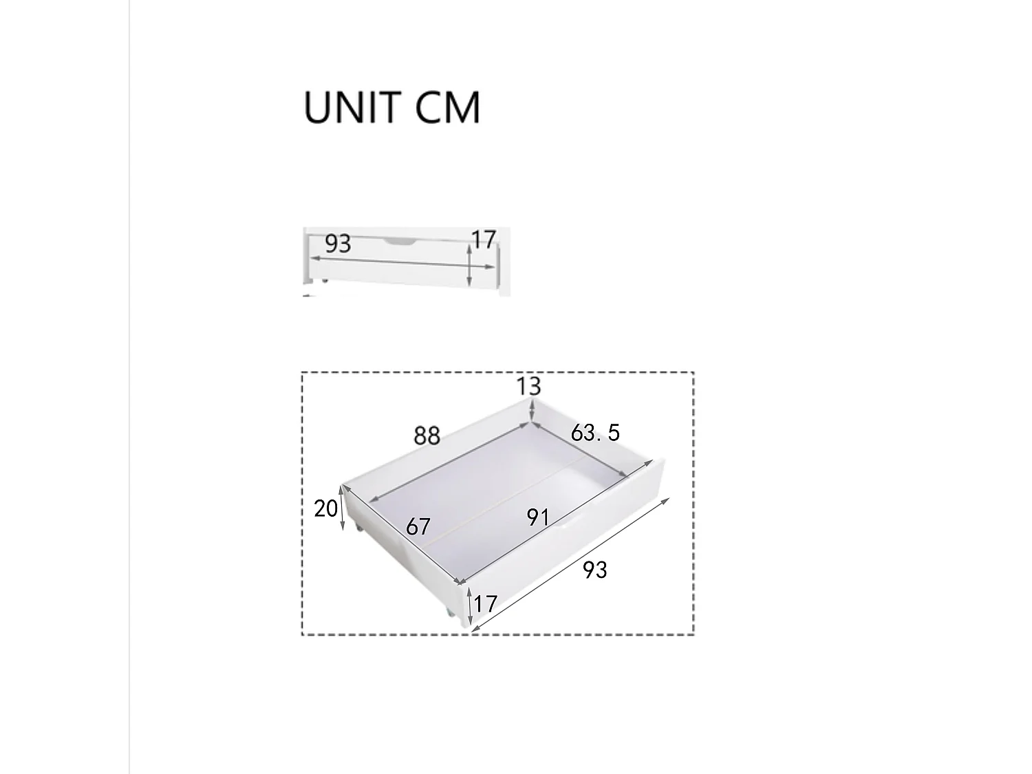 Deux tiroirs, espace de rangement sous le lit, MDF + roulettes au sol, blanc (93x67x20cm) （tiroirs uniquement）