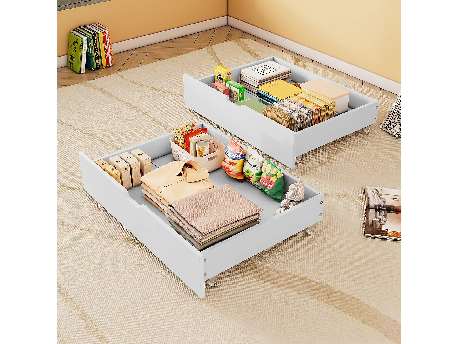 Deux tiroirs, espace de rangement sous le lit, MDF + roulettes au sol, blanc (93x67x20cm) （tiroirs uniquement）