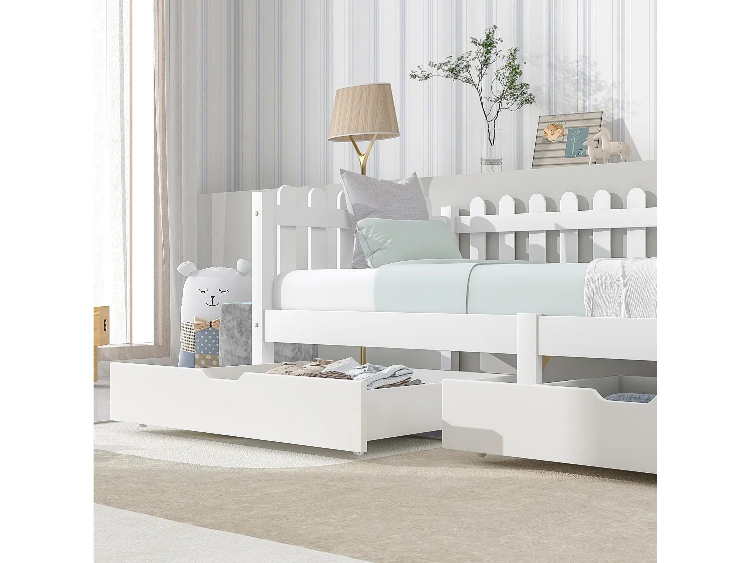 Deux tiroirs, espace de rangement sous le lit, MDF + roulettes au sol, blanc (93x67x20cm) （tiroirs uniquement）