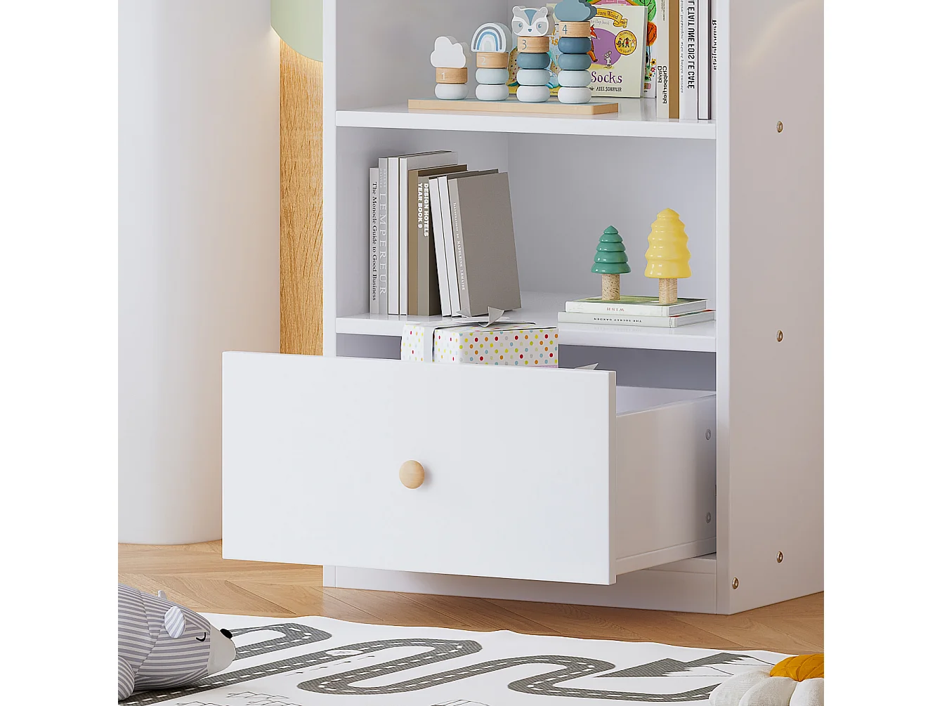 Estante 60x50x120cm, prateleira com três prateleiras e uma gaveta, corrediças silenciosas, quarto, sala, MDF, branco