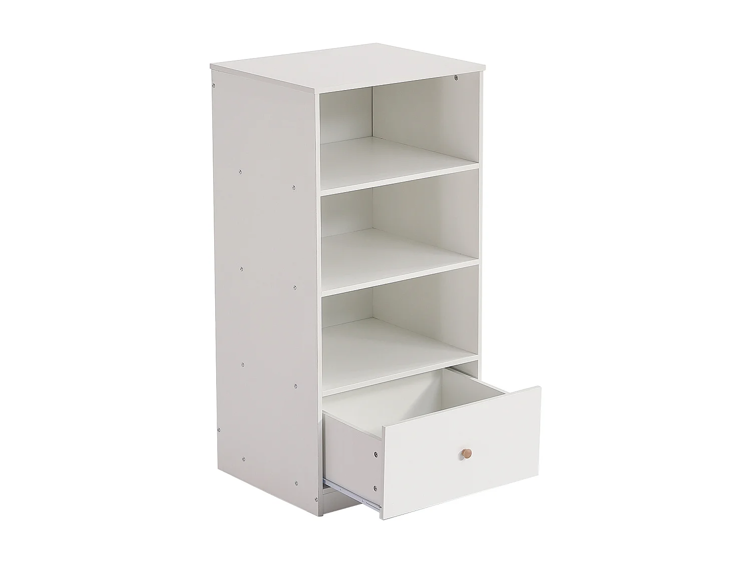 Estante 60x50x120cm, prateleira com três prateleiras e uma gaveta, corrediças silenciosas, quarto, sala, MDF, branco