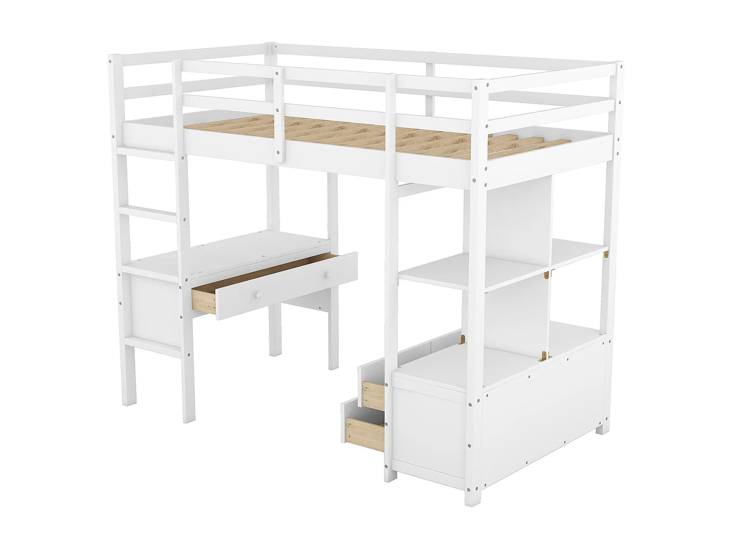 Lit mezzanine 90 x 200 cm,Lit mezzanine pour enfant avec tiroirs de rangement, sommier à lattes et bureau sous le lit,Blanc