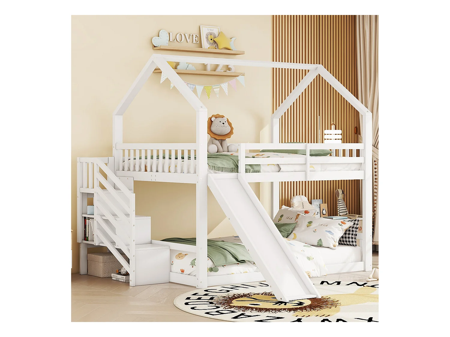 Stapelbed 140x200cm - kinderhutbed met opbergruimte trap en glijbaan, 1x lattenbodem - wit