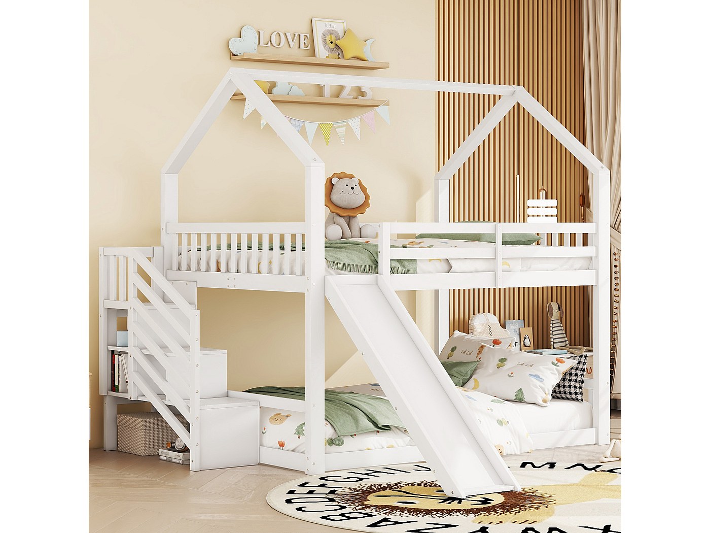 Lit Superposé Enfant 90x200 Avec Escalier Et Tiroirs - Cadre Cabane En Pin Massif - Blanc, 2 Places, Rangement Intégré - 6