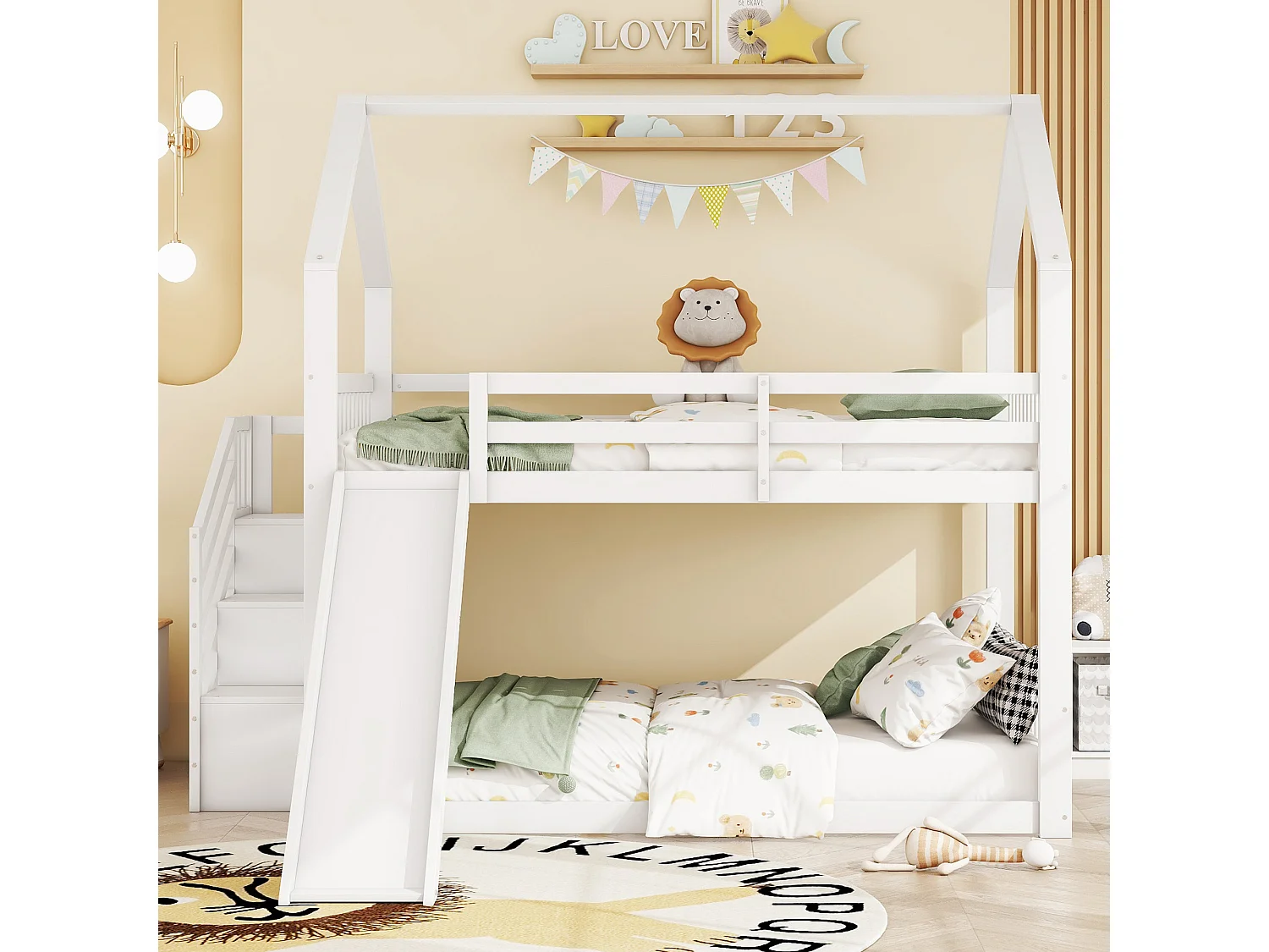 Stapelbed 140x200cm - kinderhutbed met opbergruimte trap en glijbaan, 1x lattenbodem - wit