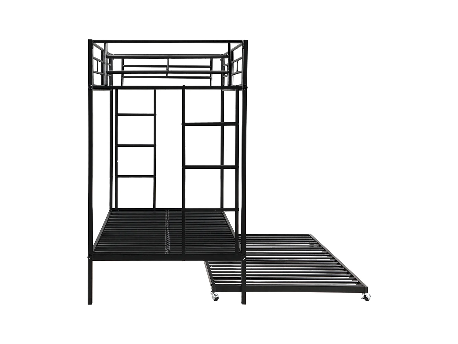 Lit superposé 90x200cm, cadre en fer, avec lit gigogne 90x190cm, sommier à lattes, et 2 échelles, certifié EN747, robuste et durable, noir