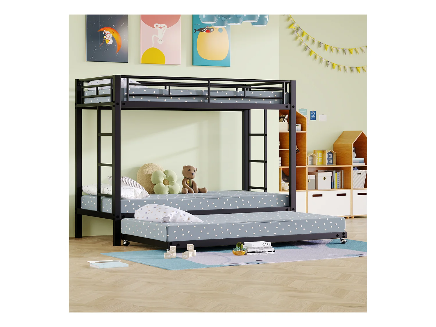 Lit superposé 90x200cm, cadre en fer, avec lit gigogne 90x190cm, sommier à lattes, et 2 échelles, certifié EN747, robuste et durable, noir