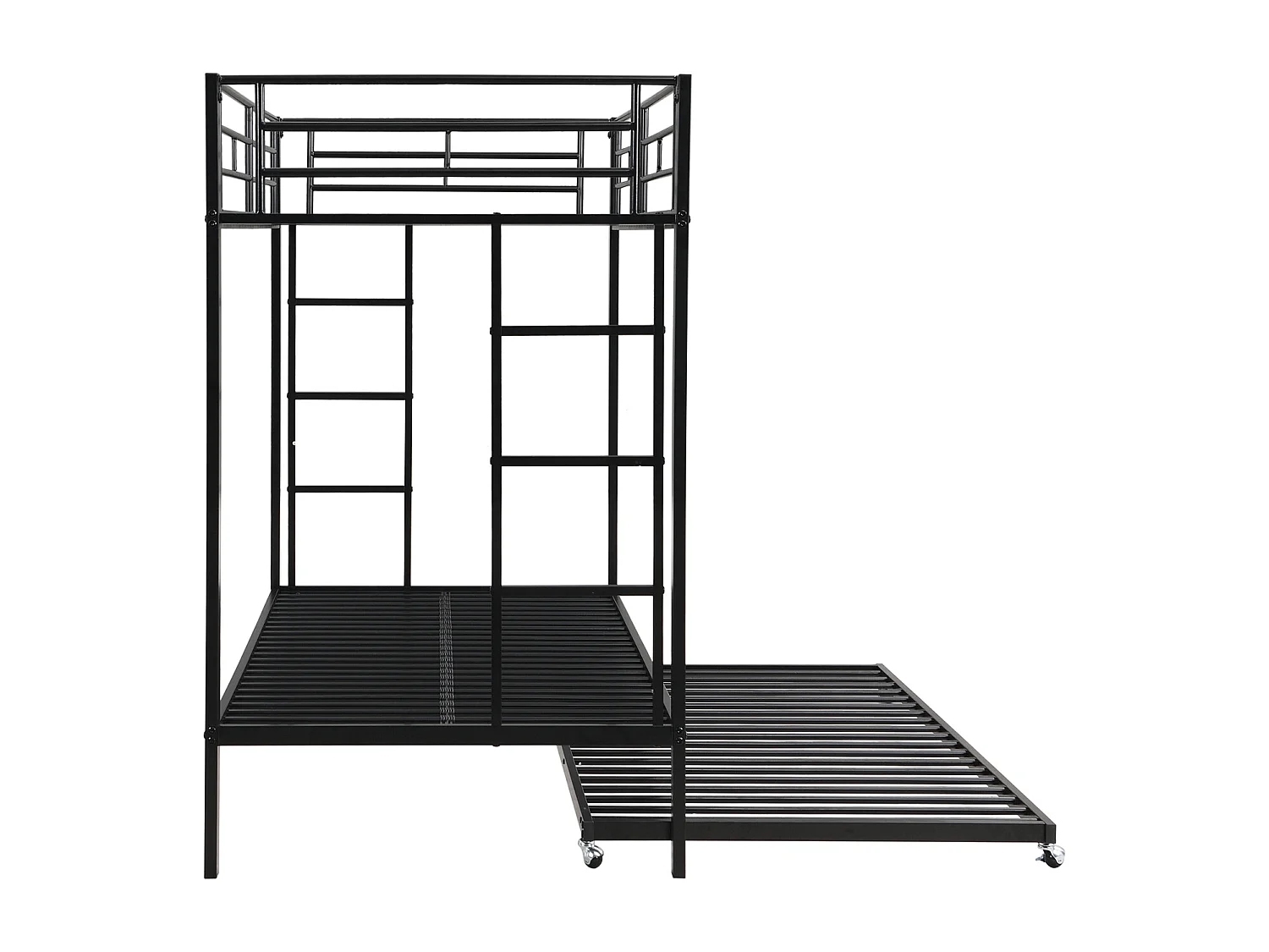 Lit superposé 90x200cm, cadre en fer, avec lit gigogne 90x190cm, sommier à lattes, et 2 échelles, certifié EN747, robuste et durable, noir