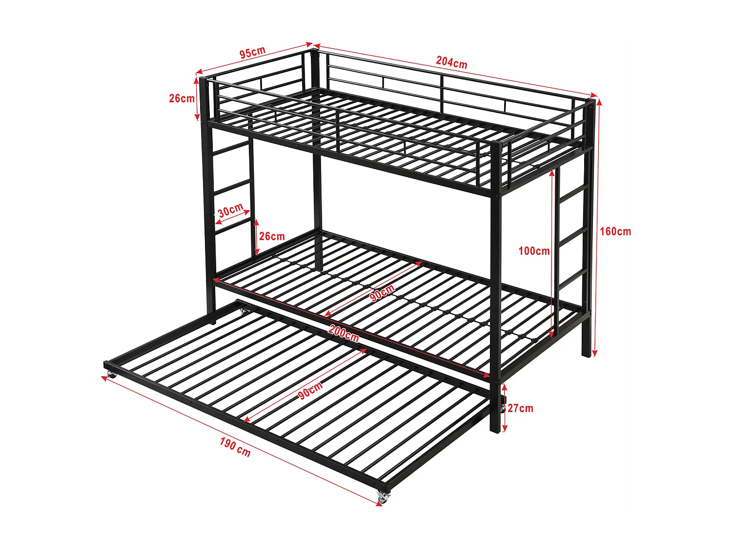 Letto a castello 90x200 cm, struttura in ferro, con letto estraibile 90x190 cm, rete a doghe e 2 scalette, certificato EN747, robusto e durevole, nero