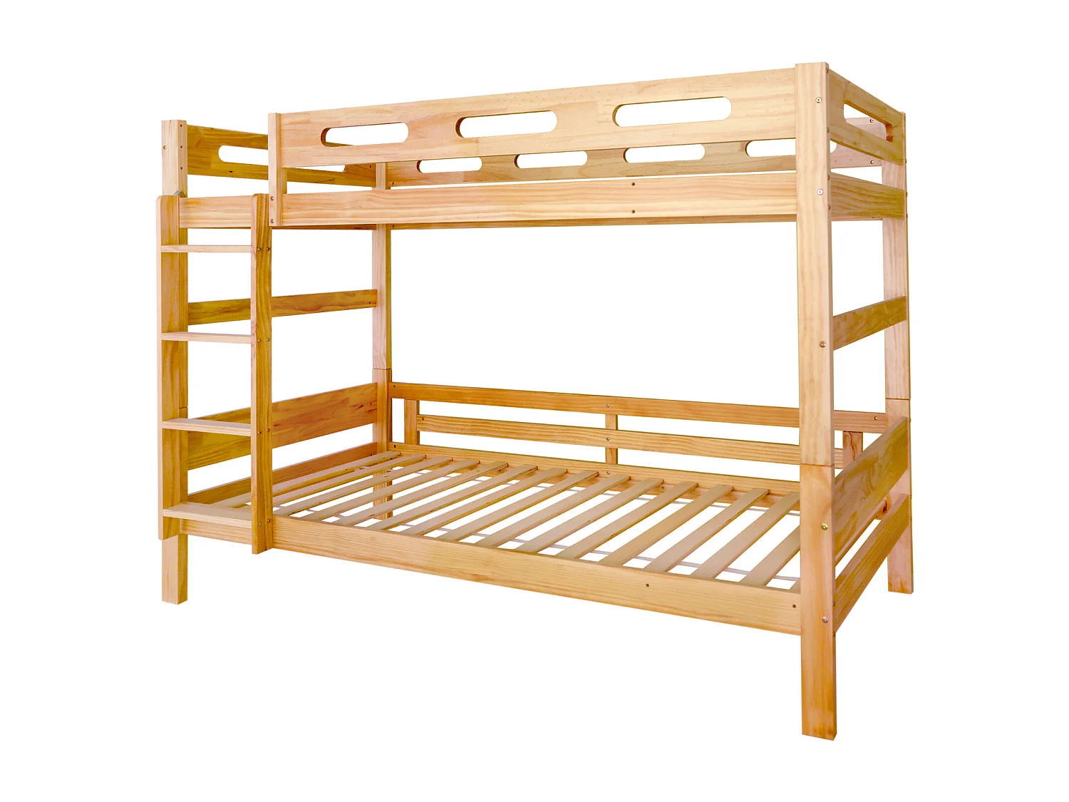 Beliche 90x200cm, capacidade para 2 pessoas, dividido em 2 camas individuais, estrutura estável em pinho, estrado de ripas incluído, fácil montagem, natural