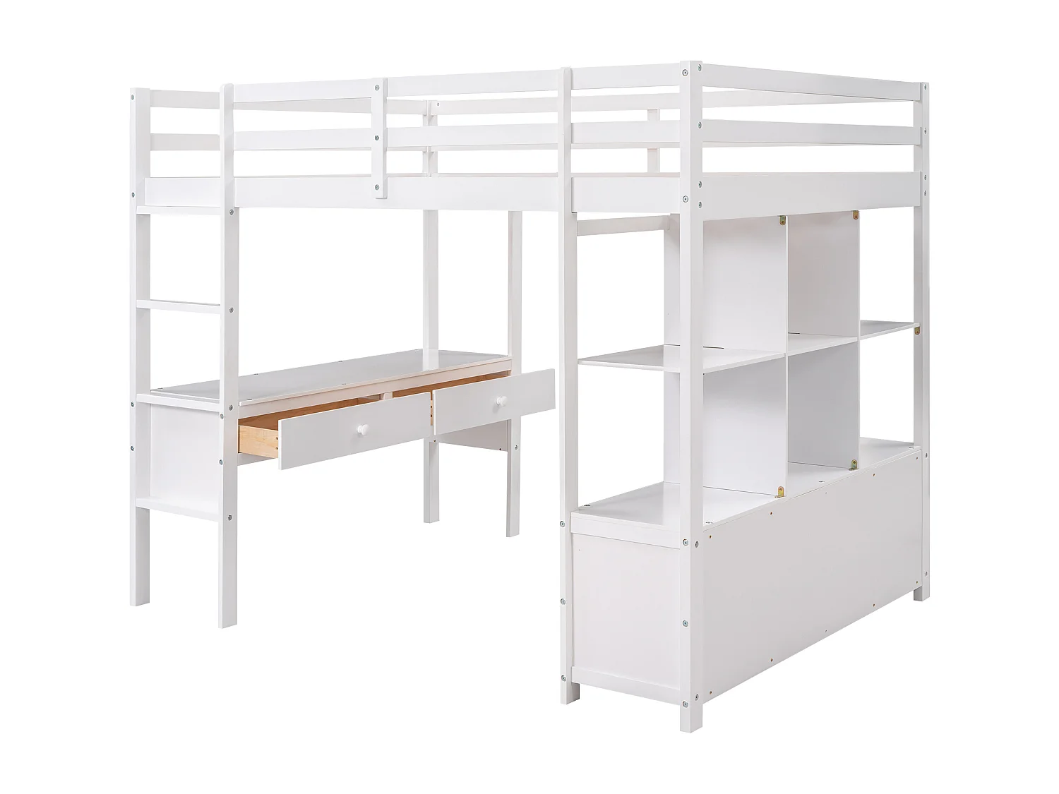 Hoogslaper voor kinderen 140x200cm - verhoogd bed met opberglades, bureau en boekenkast onder het bed - wit