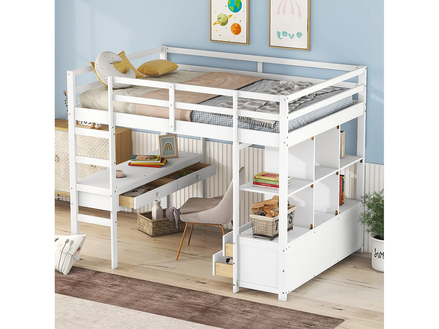 Cama alta de 140x200 cm para crianças - cama elevada com gavetas de arrumação, secretária e estante de arrumação por baixo da cama - branco