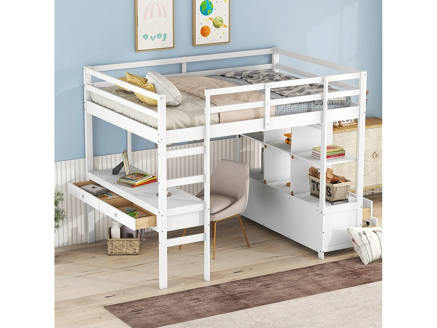 Cama alta de 140x200 cm para crianças - cama elevada com gavetas de arrumação, secretária e estante de arrumação por baixo da cama - branco