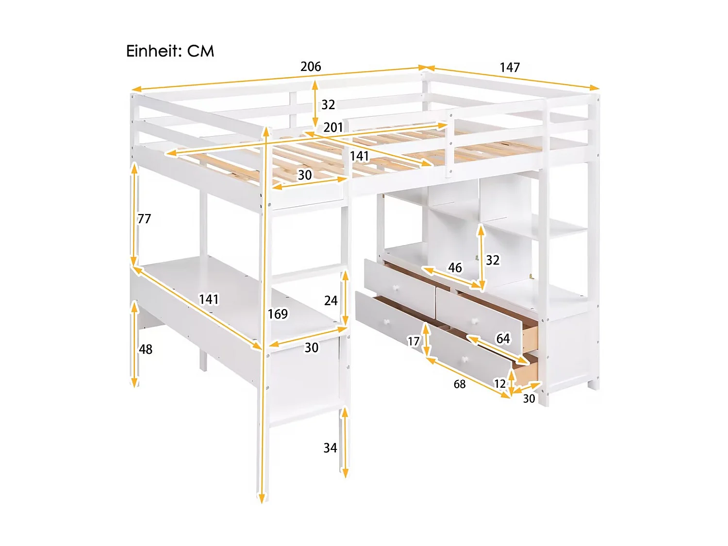 Cama alta de 140x200 cm para crianças - cama elevada com gavetas de arrumação, secretária e estante de arrumação por baixo da cama - branco