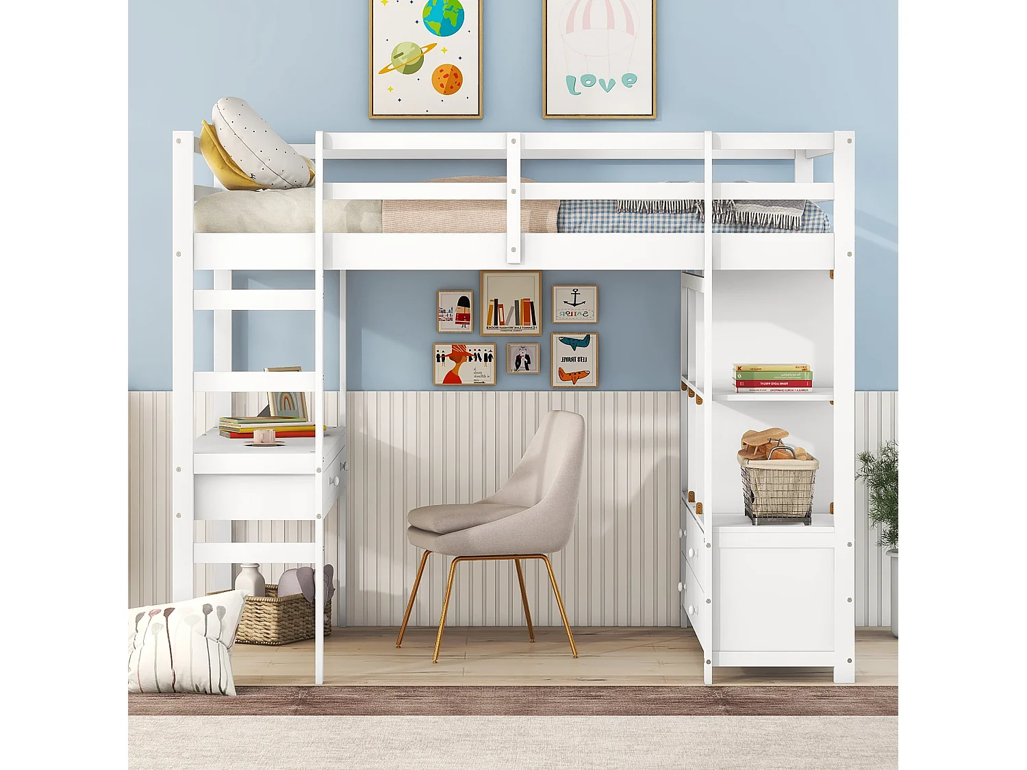 Cama alta de 140x200 cm para crianças - cama elevada com gavetas de arrumação, secretária e estante de arrumação por baixo da cama - branco
