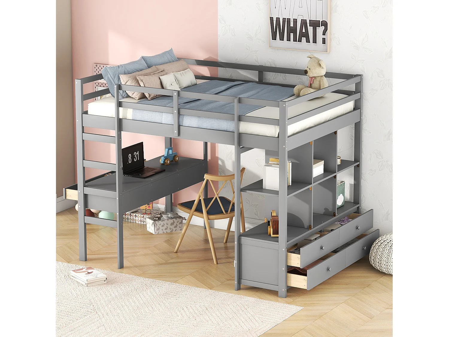 Hochbett 140 x 200 cm für Kinder – Hochbett mit Schubladen, Schreibtisch und Bücherregal unter dem Bett – Grau