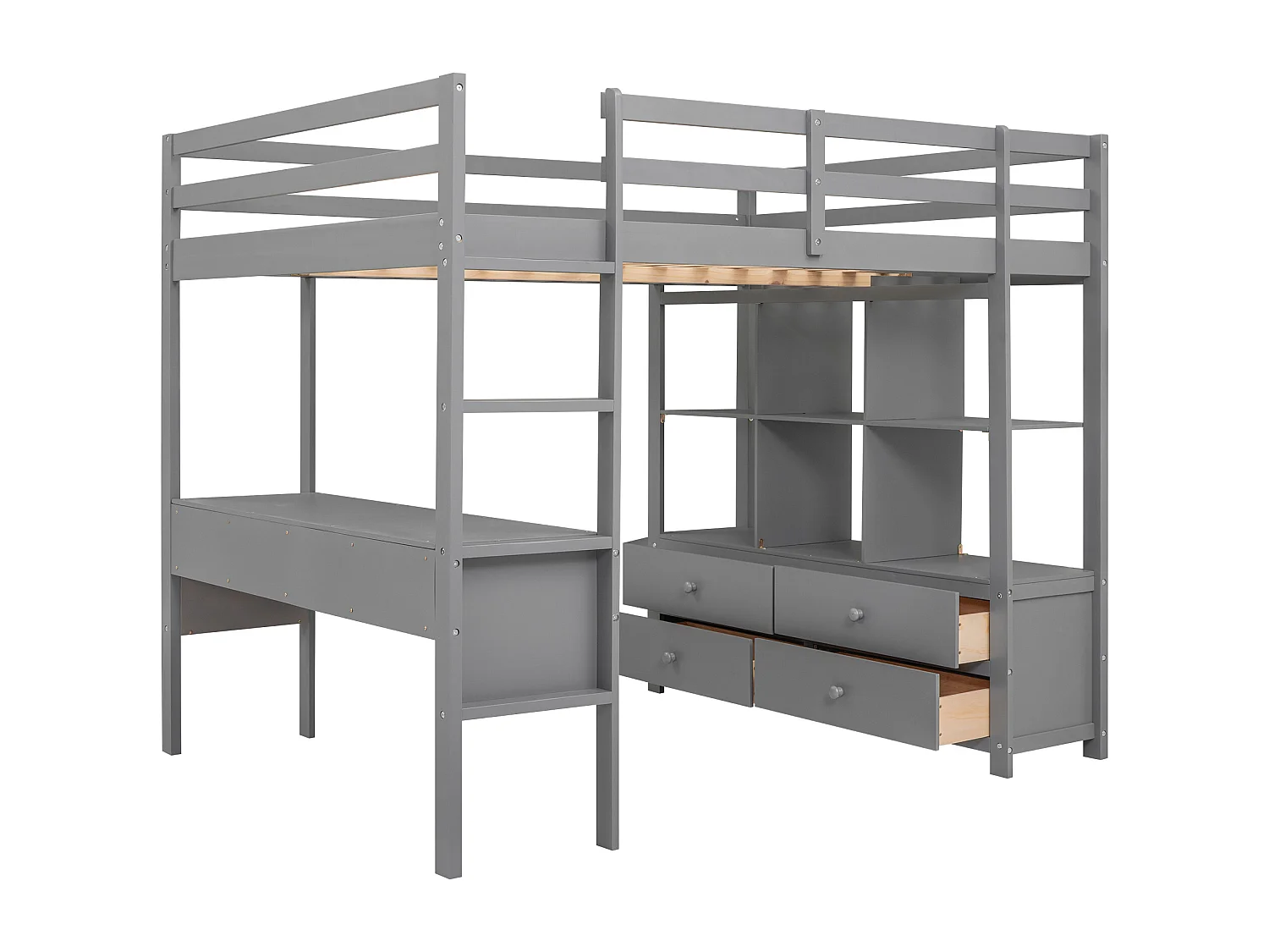 Hochbett 140 x 200 cm für Kinder – Hochbett mit Schubladen, Schreibtisch und Bücherregal unter dem Bett – Grau