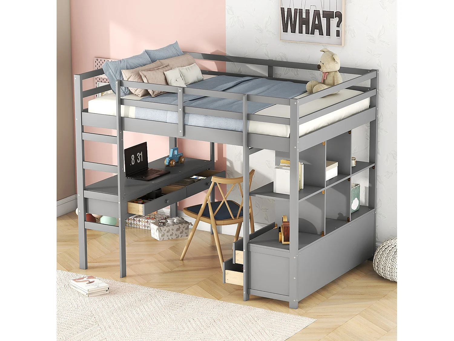 Hochbett 140 x 200 cm für Kinder – Hochbett mit Schubladen, Schreibtisch und Bücherregal unter dem Bett – Grau