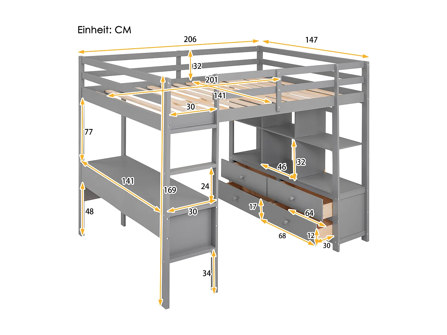Hochbett 140 x 200 cm für Kinder – Hochbett mit Schubladen, Schreibtisch und Bücherregal unter dem Bett – Grau