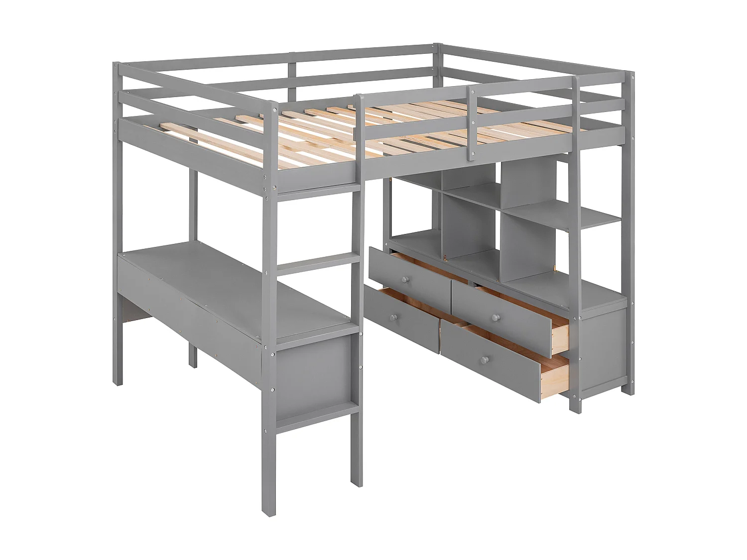 Hochbett 140 x 200 cm für Kinder – Hochbett mit Schubladen, Schreibtisch und Bücherregal unter dem Bett – Grau